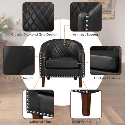 Prilinex Comfy Barrel Accent Chair - Faux Leather Living Room Chair Club Chair with Cushion, Diamond Grid Backrest & Nailhead Trim, Guest Chair for Office, Bedroom & Waiting Room, Black