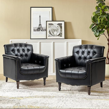 Faux Leather Accent Chair, PU Leather Modern Comfy Upholstered Armchair with Wood Legs & Nailhead Trim for Living Room, Bedroom (Black,Set of 1)