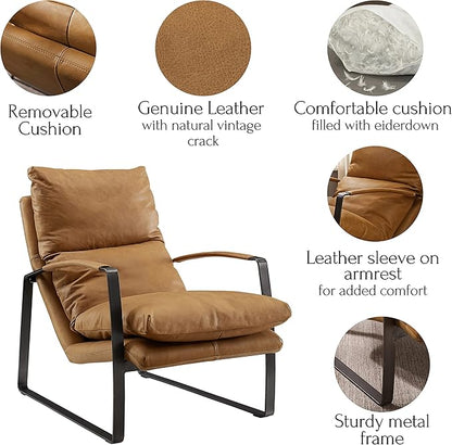 Art Leon Genuine Leather Accent Chair, Mid Century Modern Living Room Chair Lounge Chair with Black Metal Frame, Light Brown