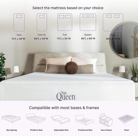 NapQueen 12 Inch Queen Size Mattress, Bamboo Charcoal Memory Foam Mattress, Bed in a Box,White