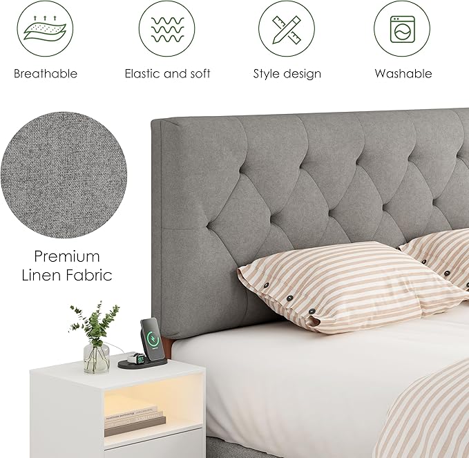 Upholstered Headboard King Size Only for Bed Frame from 65”-78”, Adjustable Height Headboards King with Durable Leg, Fabric Bed Head Board in Modern Button Design, Light Grey