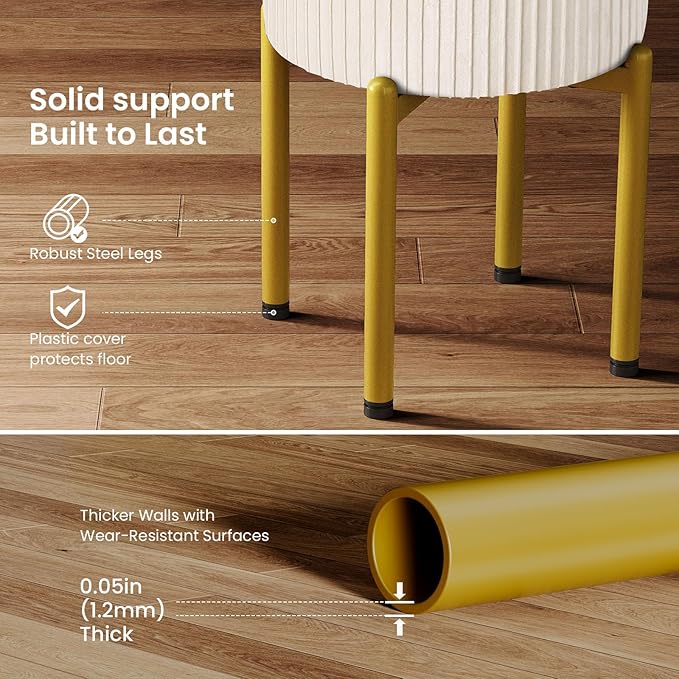 18-Inch Velvet Vanity Stool Chair with Storage, Vanity Bench with 4 Golden Metal Legs & Anti-Slip Adjustable Feet,Round Storage Ottoman Stool with Removable Soft Padded Seat, Beige