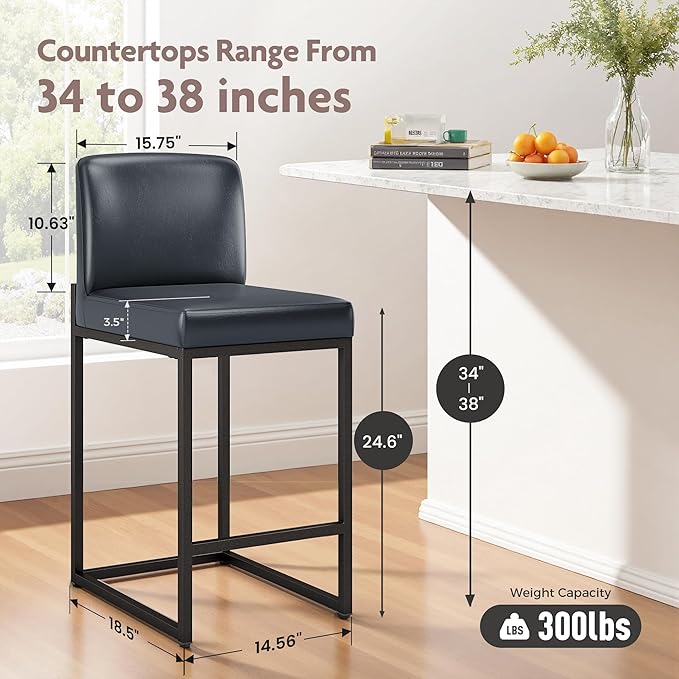 ALPHA HOME 24 Inch Bar Stools, Kitchen Counter Stools with Backs, PU Leather Barstools, Kitchen Stools with Back&Upholstered Footrest, Sturdy Chromed Metal Steel Frame, Midnight Blue