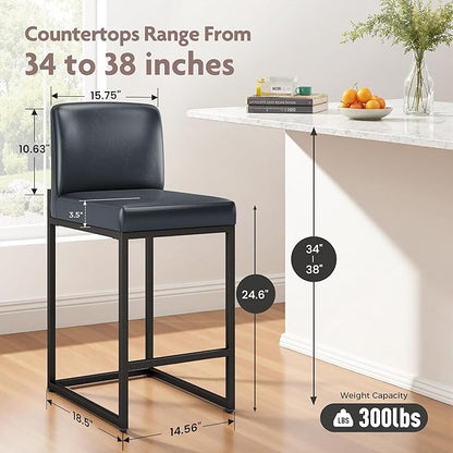 ALPHA HOME 24 Inch Bar Stools Set of 4, Kitchen Counter Stools with Backs, PU Leather Barstools, Kitchen Stools with Back&Upholstered Footrest, Sturdy Chromed Metal Steel Frame, Midnight Blue