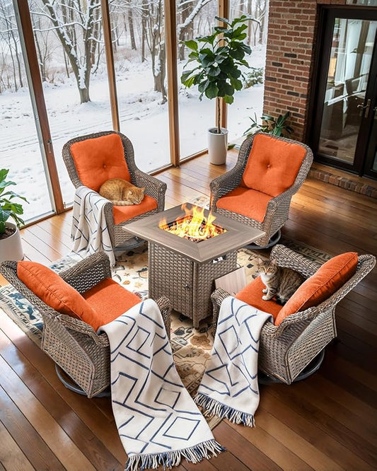 Outdoor Patio Swivel Gliders with Fire Pit Table 5 Piece Set - High Back Brown Wicker Rattan Rocking Chair with Thick Cushion for Porch Apartment Deck Yard Poolside Garden - Orange