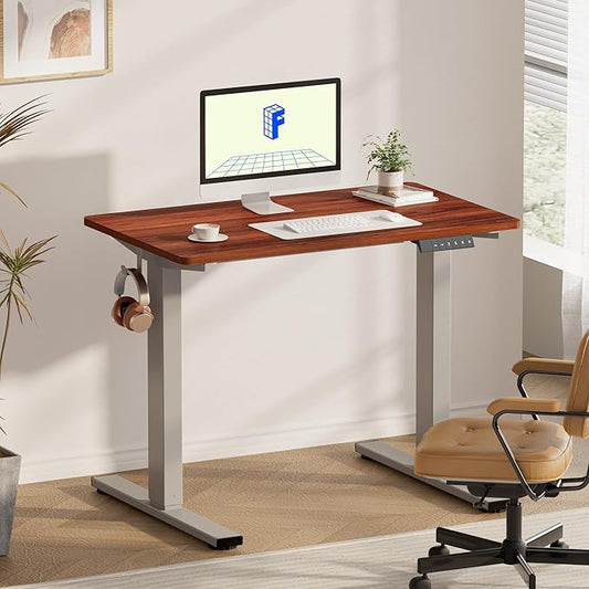 FLEXISPOT EN1 One-Piece Adjustable Stand Up Desk - Electric Height Adjustable, 40 x 24 Inches (Silver Frame, Mahogany Top, 2 Packages)