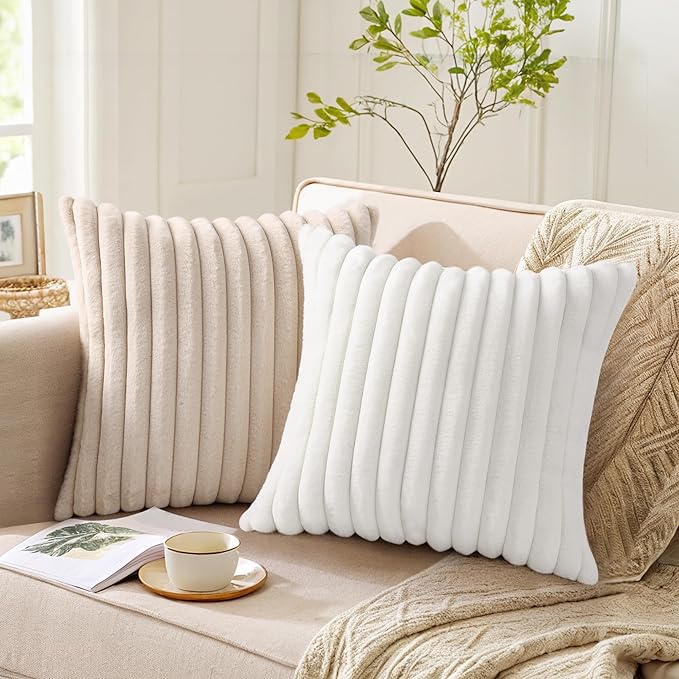 Pallene Faux Fur Plush Throw Pillow Covers 16x16 Set of 2, Luxury Soft Fluffy Striped Decorative Pillow Covers for Sofa, Couch, Living Room, White