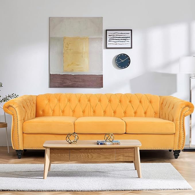 2 Piece Living Room Sofa Set, 3 Seater Velvet Sofa Couch and Chair Set, Mid Century Modern Upholstered Couch with Cushions, Comfy Tufted Chesterfield Couches for Living Room, Bedroom, Office