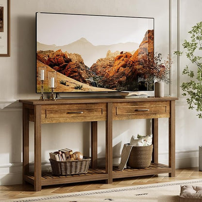 LITTLE TREE Modern Console Tables with 2 Drawers, Rustic 63 Inch Entryway Furniture, Behind Couch Table with Storage Shelf, for Living Room, Hallway, Entrance, Foyer, Rustic Brown