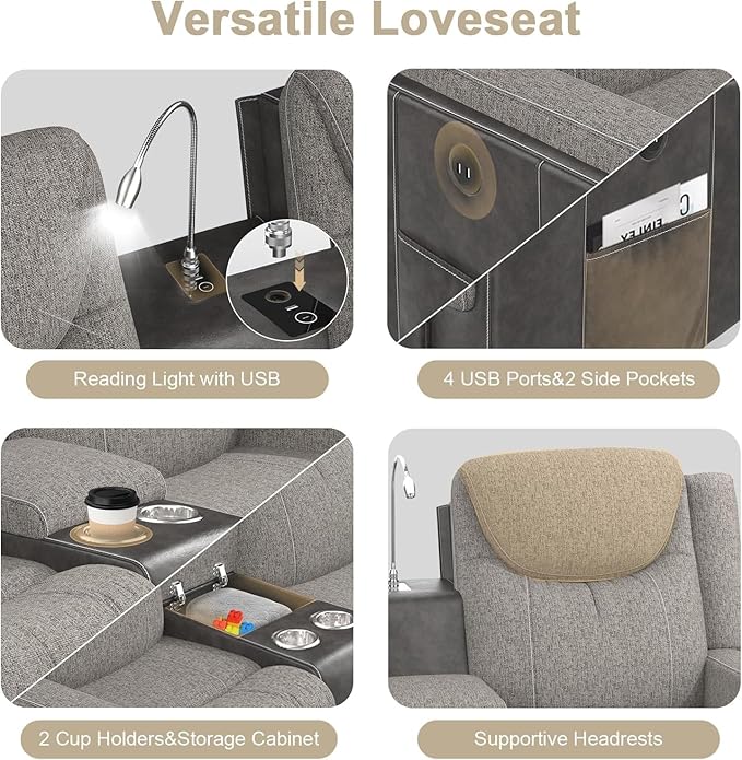 4 Seat Recliner Sofa, 2 - Way Multi - Function Manual 4 Seater Recliner Couch with Cup Holders, Storage & USB Ports, Luxury Large Linen & Leather Blend Reclining Sofa for Living Room