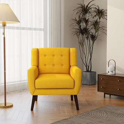 Accent Chair, Mid-Century Modern Fabric Chairs with Arms for Living Room, Comfy Upholstered Club Single Sofa Armchair for Bedroom Waiting Room with Solid Wood Frame (Fabric Yellow, Set of 1)