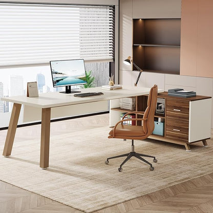 Tribesigns 78.7-Inch Executive Desk, L-Shaped Desk with 55-Inch Cabinet, Large Office Desk with Storage Shelves, Modern Computer Desk for Home Office, White & Walnut