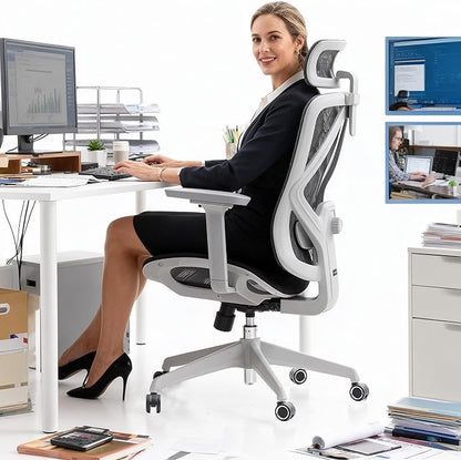 Ergonomic Office Chair with Lumbar Support, 3D Adjustable Armrest, Mesh Home Office Desk Chairs, Swivel Computer Chair, High Back Reclining Executive Office Chair,400lbs Capacity (Grey)