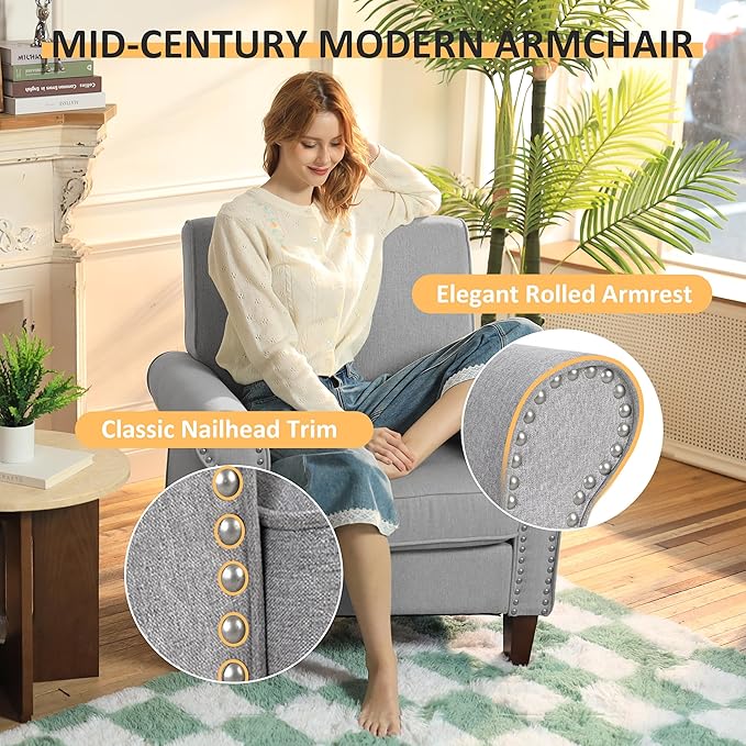 PrimeZone Comfy Accent Chair, Mid-Century Modern Fabric Living Room Chair Reading Chair with Soft Cushion, Nailhead Trim & Rolled Armrest, Arm Chair Sofa Chairs for Bedroom Waiting Room Office, Grey