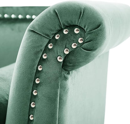 Christopher Knight Home Aurora Velvet Chaise Lounge Indoor with 2 Bolster Pillows, Upholstery Entryway Bench with Nailhead Trim & Curved Arms, End of Bed Bench Ottoman and Wooden Legs, Green