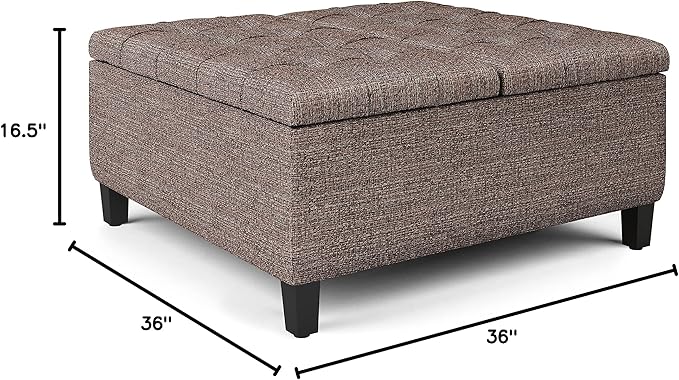 SIMPLIHOME Harrison 36 inch Wide Transitional Square Coffee Table Storage Ottoman in Mink Brown Tweed Look Fabric, Assembled, for the Living Room and Bedroom