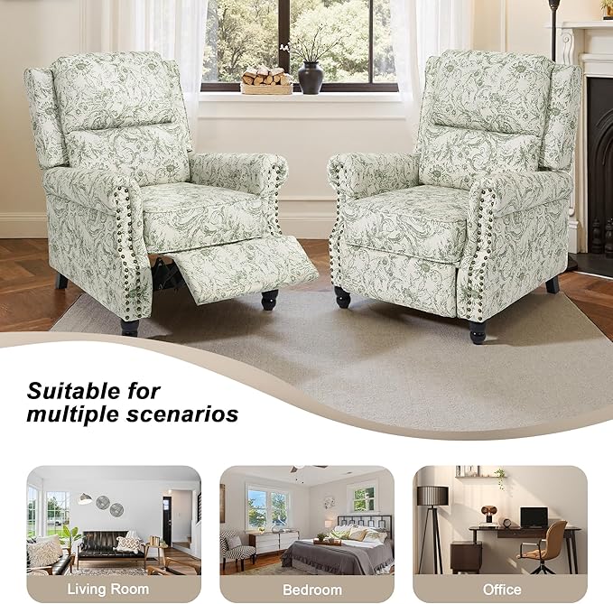 Recliner Chair, Modern Pushback Armchair with Adjustable Backrest & Footrest for Bedroom, Living Room (Rococo Green,Set of 2)