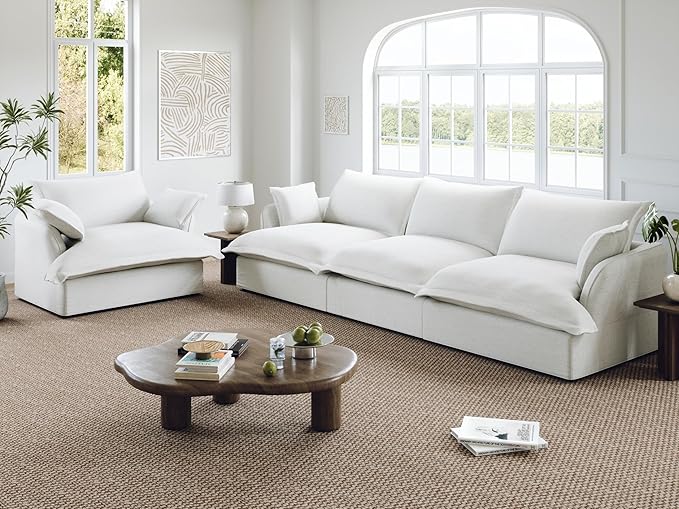 114” Oversized Modular Sectional Sofa, Comfy Down Fill Cloud Couch, 3 Seater Modular Sofa Couch with One Single Seat, Convertible Sectional Couches for Living Room, Linen, Cream White