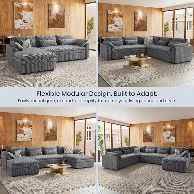Belffin Large Modular Sectional Sofa with Double Deep Chaise and Loveseat, Corduroy U Shape Couch with 9" Soft Dual-Layer 9 Seats Cushion for Living Room, Apartment, Light Grey
