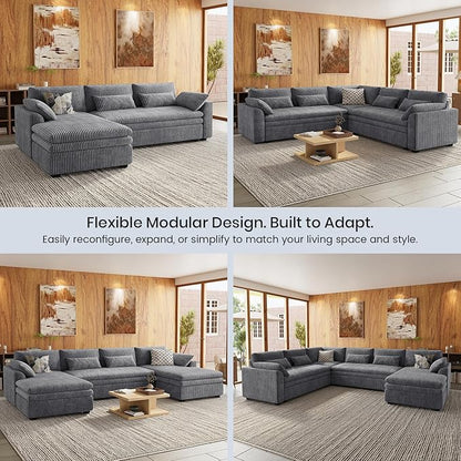Belffin Large Modular Sectional Sofa with Double Deep Chaise, 104" Corduroy U Shaped Couch with 9" Soft Dual-Layer Seats Cushion Sectional Couches for Living Room, Apartment, Light Grey