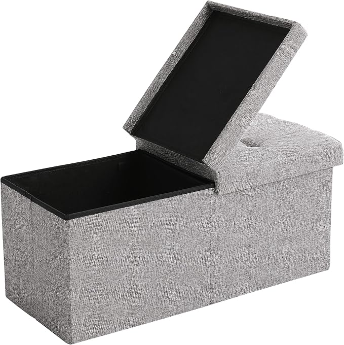 CUYOCA Storage Ottoman Bench Foldable Seat Footrest End of Bed Ottoman with Flipping Lid for Living Room, 75L, 30 inches Linen Fabric Grey