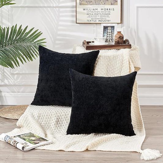 GAWAMAY Decorative Square Throw Pillow Covers 22"x22" Inch Set of 2, Super Soft Chenille Pillows Farmhouse Fall Pillowcase for Living Room Bedroom Sofa Couch Cushion Cover Black 55x55cm (No Insert)