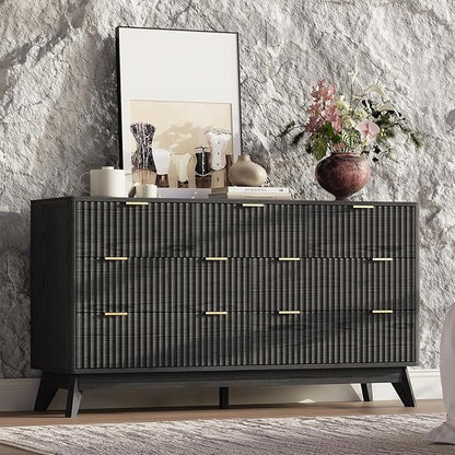 54'' Wide 7 Drawers Dresser for Bedroom,Modern Fluted Vertical Chest with Rounded Corners,Fluted Dresser for Living Room,Hallway, Black