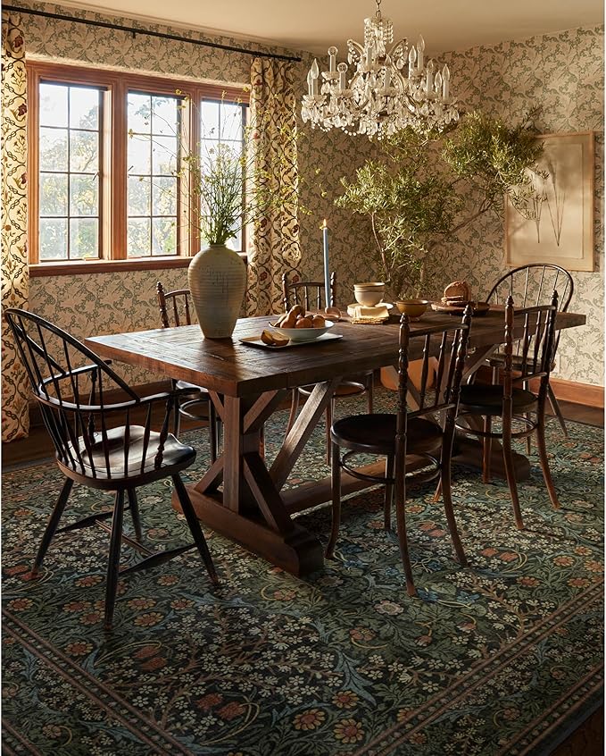 RUGGABLE x Morris & Co Washable Area Rug – Blackthorn Forest Green 8x10, Stain-Resistant, Non-Slip – Large Machine Washable Rugs for Living Room, Bedroom, Hallway, Entryway & Office–with Standard Pad