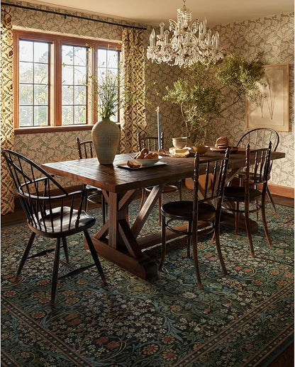 RUGGABLE x Morris & Co Washable Area Rug – Blackthorn Forest Green 8x10, Stain-Resistant, Non-Slip – Large Machine Washable Rugs for Living Room, Bedroom, Hallway, Entryway & Office–with Standard Pad