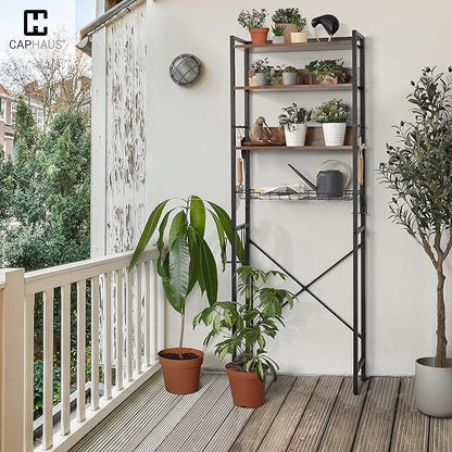 CAPHAUS Over The Toilet Storage, 4-Tier Bathroom Organizer, Freestanding Toilet Shelf, Multifunctional Space Saver Toilet Rack with 4 Hooks, Laundry Organizer, Plant Stand for Balcony (Rustic Oak)