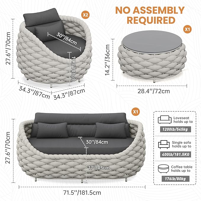 Rope Patio Furniture Set: 4 Pieces Aluminum Outdoor Couch Set Cushioned - Assembled Conversation Sofa Set Modern - Metal Porch Seating for 5 Person - All Weather for Deck Garden Poolside Hotel
