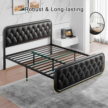 Einhomn® Queen Size Metal Bed Frame with Button Tufted Leather Upholstered Headboard and Footboard, U-Shape Support Foundation, No Box Spring Required, Black