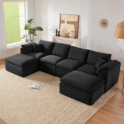 143" Cloud Sectional Couch, Boneless couches for Living Room，U Shaped Couch with Convertible Ottoman, Modular Sectional Sofa with Deep Seat, Comfy Soft Cushions, No Assembly, Black