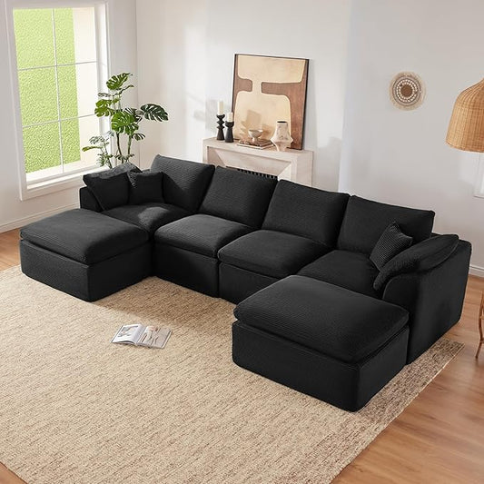 143" Cloud Sectional Couch, Boneless couches for Living Room，U Shaped Couch with Convertible Ottoman, Modular Sectional Sofa with Deep Seat, Comfy Soft Cushions, No Assembly, Black