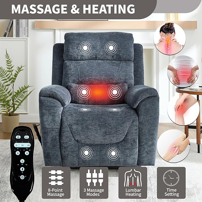 Power Lift Recliner Chair for Elderly People, Dual Motor Lay Flat Recliner with Vibration Massage and Heat, Heavy Duty Motion Mechanism Standing Assistance Reclining Chair, Chenille Fabric Blue