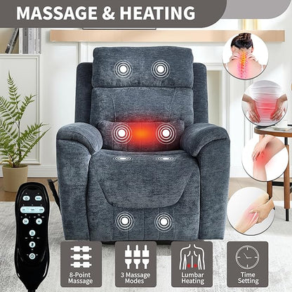 Power Lift Recliner Chair for Elderly People, Dual Motor Lay Flat Recliner with Vibration Massage and Heat, Heavy Duty Motion Mechanism Standing Assistance Reclining Chair, Chenille Fabric Blue
