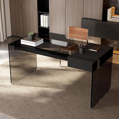 53.14" Modern Tempered Glass Executive Desk with Drawer, Black Wood Finish and Tempered Glass Legs – Minimalist Stylish Workstation Table for Home Office