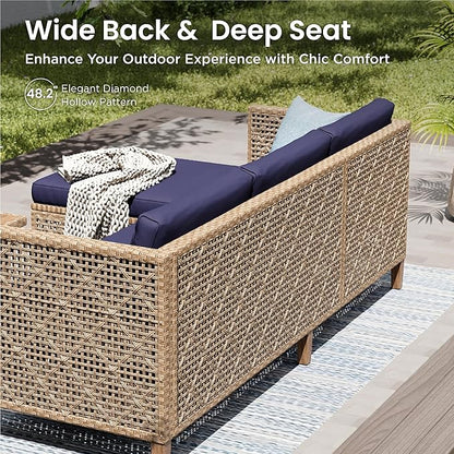 PHI VILLA Wicker Patio Furniture Set, 6 Seats Sectional Outdoor Sofa with Cushions and Acacia Wood Coffee Table, Patio Conversation Set for Garden, Backyard or Balcony, Navy Blue