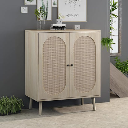 Sideboard Buffet Cabinet, High Kitchen Storage Cabinet with Rattan Doors and Adjustable Shelves, Accent Home Furniture for Living Room, Bedroom (Natural)