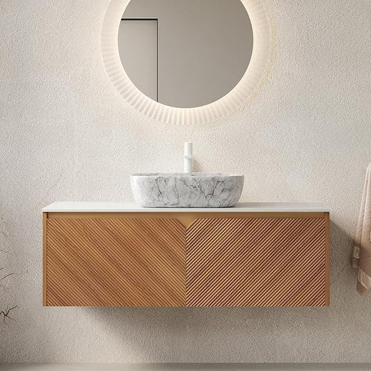 48 Inch Bathroom Vanity with Sink, Floating Fluted Vanity with Vessel Sink, Modern Wall Mounted Bathroom Vanity Cabinet with 2 Doors, Oval Marble Vessel Ceramic Sink & Sintered Stone Top, Oak