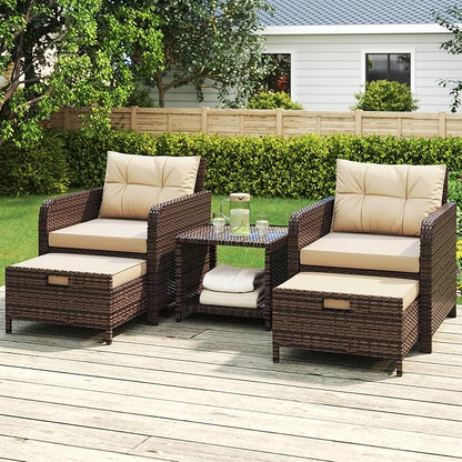 5 Pieces Patio Furniture Set, Hand-Woven Rattan Patio Conversation Set with Soft Cushions & Coffee Table, Outdoor Chairs with Hidden Ottoman for Porch, Lawn, Garden, Balcony, Brown