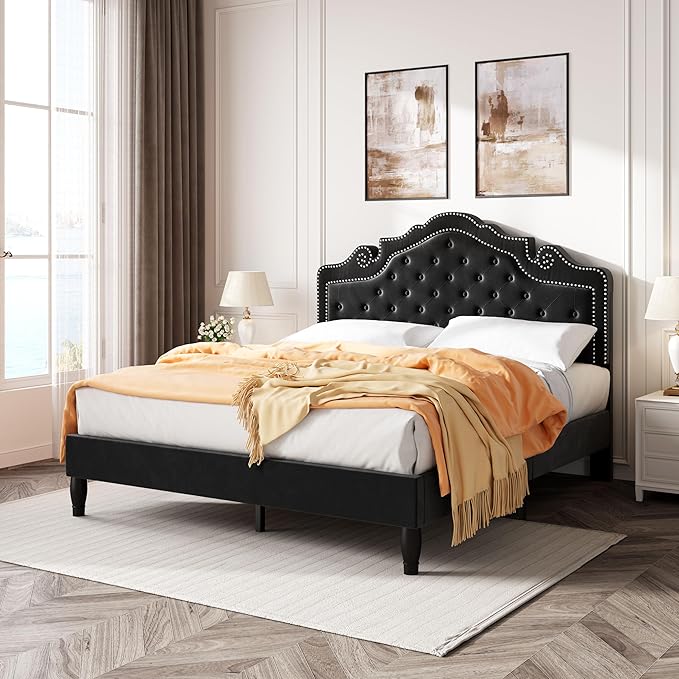 SHA CERLIN Queen Bed Frame with Adjustable Headboard/Velvet Upholstered/Diamond Button Tufted and Metal Studs/No Box Spring Needed/Wood Slat Support/Easy Assembly/Black