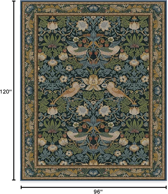 RUGGABLE x Morris & Co Washable Area Rug– Strawberry Thief Indigo 8x10, Stain-Resistant, Non-Slip – Large Machine Washable Rugs for Living Room, Bedroom, Hallway, Entryway & Office–with Cushioned Pad