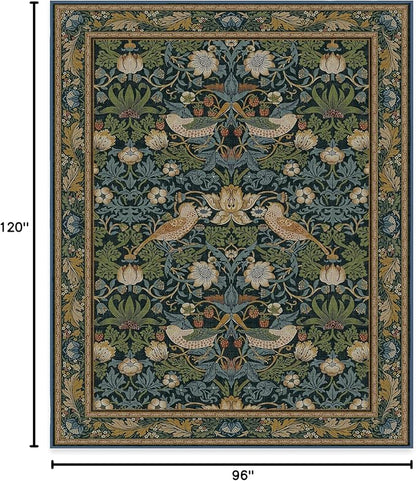 RUGGABLE x Morris & Co Washable Area Rug– Strawberry Thief Indigo 8x10, Stain-Resistant, Non-Slip – Large Machine Washable Rugs for Living Room, Bedroom, Hallway, Entryway & Office–with Cushioned Pad