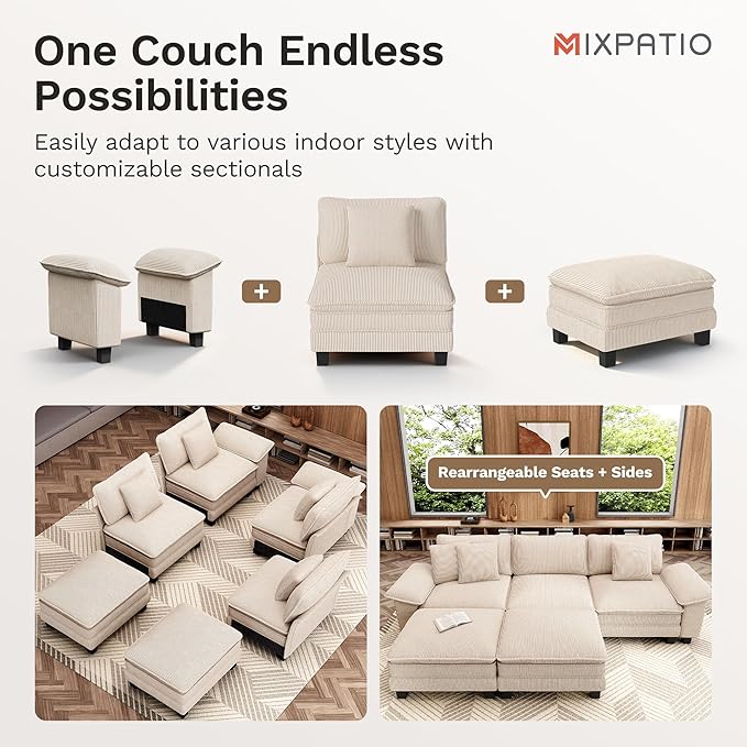 123-Inch U Shaped Sectional Sofa with Cloud Cushions, Deep Seat Modular Couch Set w/ 5 Seats & 2 Ottomans, Removable Arms, Plush Corduroy Upholstery for Living Room, Apartment - Beige