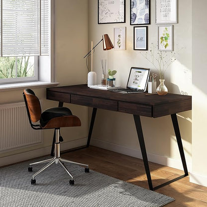 SIMPLIHOME Lowry Desk - 54-Inch Wide Solid Acacia Wood and Metal Writing Desk in Distressed Hickory Brown, Modern Industrial Home Office Computer Table with 2 Drawers and Flip-Down Keyboard Tray