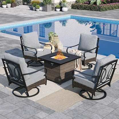 Sophia & William Patio Furniture Set with Fire Pit Table, 5 PCS Metal Outdoor Conversation Set Sofa Couch with Fire Pit Table, 4 Swivel Chairs for Outdoor Seating, Backyard, Porch(Grey)