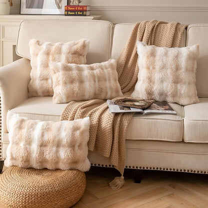 Pack of 2 Thick Plush Throw Pillow Covers Fluffy Wave Faux Fur Decorative Cushion Covers Soft Wool Pillowcase for Sofa Couch Livingroom 24x24 Inch White Beige