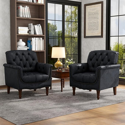 Lumibee Faux Leather Armchairs, Contemporary Accent Chairs Set of 2 with Nailhead Trims & Wood Legs for Living Room, Upholstered Comfy Arm Chairs for Office,Bedroom-Blue Black