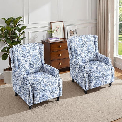 Pushback Recliner Chair Set of 2, Floral Fabric Wingback Recliner Chair, Upholstered Armchair Push Back Recliner, Rivet Trim Single Sofa Accent Chair with Wood Legs for Living Room, Navy
